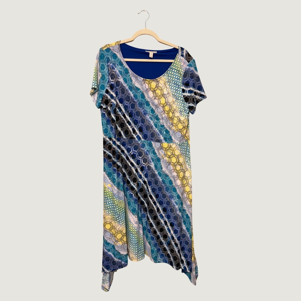 Dana Buchman Womens XL Blue Multi Geometric Handkerchief Hem A-Line Dress